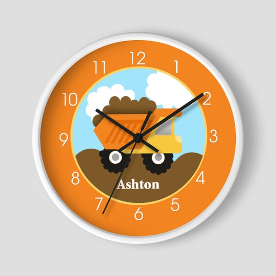 Construction Dumptruck Orange and Yellow Boys Room 10-inch Nursery Clock, White Frame Color Il_570xn