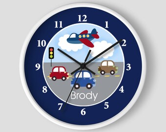 Travel Time Transportation Nursery Toddler 10" Wall Clock / Navy Blue / Airplanes Cars Traffic Light Boys Room Clock / White or Black Frame