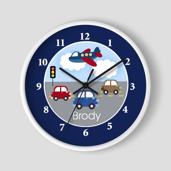 Travel Time Transportation Nursery Toddler 10" Wall Clock / Navy Blue / Airplanes Cars Traffic Light Boys Room Clock / White or Black Frame