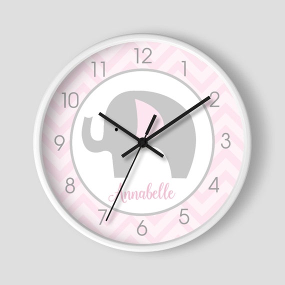 Light Pink and Gray Mod Elephant Pink Chevron Stripe Nursery Wall Clock 10-inch / Choose frame color / Girl Elephant Nursery Decor Il_570xn
