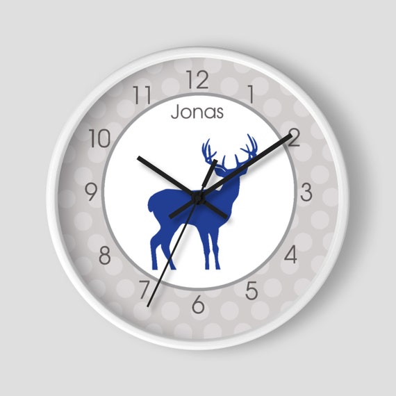 Navy Blue and Gray Buck Deer Nursery Wall Clock / Hunter Nursery / Little Man / Woodland Boys Room Clock Il_570xn