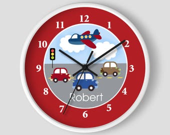 Travel Time Transportation Nursery Toddler 10" Wall Clock / Red Cars Airplane Traffic Light Boys Room Clock Decor
