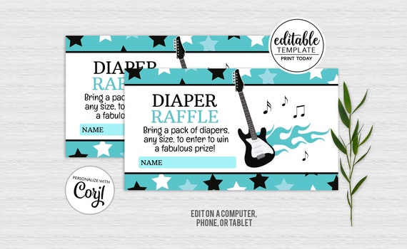 EDITABLE Teal Rock Star Guitar Baby Shower Diaper Raffle Cards / Boy Rock a Bye Baby Shower Diaper Raffle INSTANT DOWNLOAD bs-160 Il_570xn