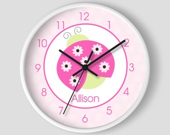 Pink Ladybug Girls Nursery Wall Clock / Pink and Green Ladybugs / Girls Ladybug Nursery Clock / Ladybug Wall Clock