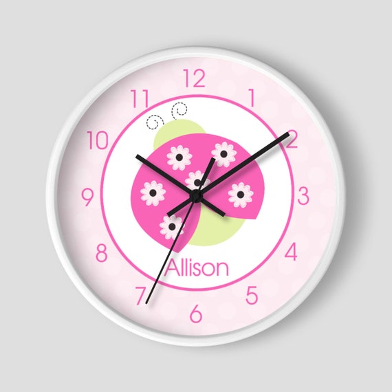 Pink Ladybug Girls Nursery Wall Clock / Pink and Green Ladybugs / Girls Ladybug Nursery Clock / Ladybug Wall Clock Il_570xn