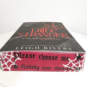 K&ouml;nnte beinhalten: Ein Buch mit dem Titel "Little Stranger" von Leigh Rivers, mit einem schwarzen und roten Einband mit einem Spinnen- und Netzdesign. Die Box des Buches hat einen roten Rand mit dem Text "Please choose me" und "Nobody ever chooses me."