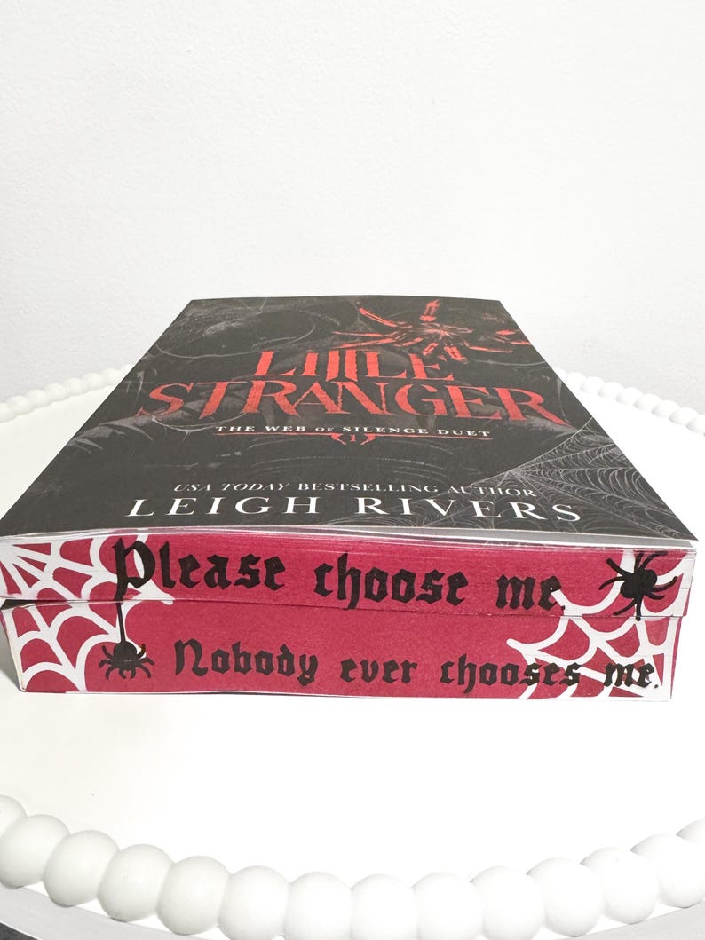 K&ouml;nnte beinhalten: Ein Buch mit dem Titel "Little Stranger" von Leigh Rivers, mit einem schwarzen und roten Einband mit einem Spinnen- und Netzdesign. Die Box des Buches hat einen roten Rand mit dem Text "Please choose me" und "Nobody ever chooses me."