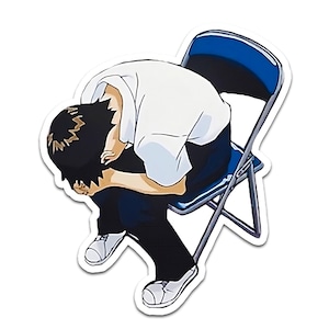 May include: A cartoon character sits on a blue folding chair with their head in their hands. The character is wearing a white shirt and dark pants.