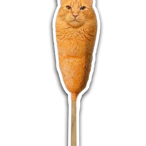 May include: A sticker featuring a graphic of an orange tabby cat head seamlessly blended into the body of a golden-brown corn dog on a wooden stick. The design has a white border outline and a textured, fried batter appearance on the cat's body.