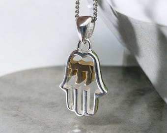 Sterling Silver Hamsa Necklace: Gold Chai Symbol, Jewish Protection Pendant