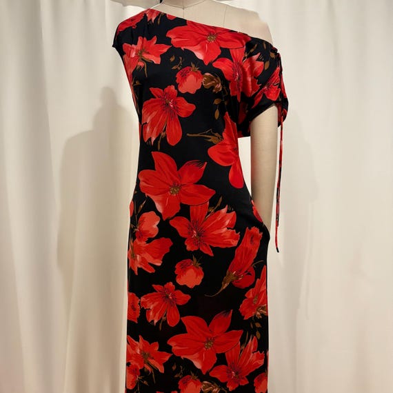 red and black one shoulder dress Drop One-shoulder Red and Black Dress, Tie Sleeve Accent