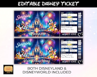 Editable Disneyland Ticket, Disneyworld Ticket, Surprise Reveal Editable Ticket, Theme Park Ticket, Surprise Ticket Gift, Instant Download