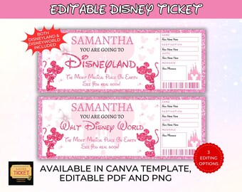 Editable Disneyland Ticket, Disneyworld Ticket, Surprise Reveal Editable Ticket, Theme Park Ticket, Surprise Ticket Gift, Instant Download