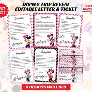 Carta de revelación editable para viaje de vacaciones, carta sorpresa de Mickey DWorld y Dland, revelación de boletos, boleto de viaje, boleto de Navidad imprimible