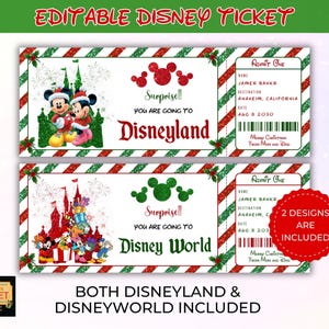 May include: Two editable Disney ticket designs. One ticket features Mickey and Minnie Mouse in front of a castle, the other features Disney characters. Both tickets have red and green striped borders and include the text "Surprise! You are going to Disneyland/Disney World."