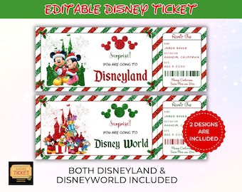 Pode incluir: Dois designs de bilhetes da Disney editáveis. Um bilhete apresenta Mickey e Minnie Mouse em frente a um castelo, o outro personagens da Disney. Ambos os bilhetes têm bordas listradas vermelhas e verdes e incluem o texto "Surpresa! Você vai para a Disneyland/Disney World."
