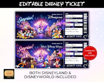 Editable Disneyland Ticket, Disneyworld Ticket, Surprise Reveal Editable Ticket, Theme Park Ticket, Surprise Ticket Gift, Instant Download