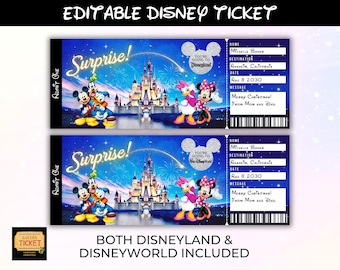 Editable Disneyland Ticket, Disneyworld Ticket, Surprise Reveal Editable Ticket, Theme Park Ticket, Surprise Ticket Gift, Instant Download