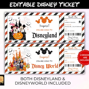 May include: Two editable Disney ticket designs. One ticket features Mickey and Minnie Mouse with a pumpkin and the text "Disneyland". The other ticket has Disney characters and the text "Disney World". Both tickets have a black, white, and orange striped border.