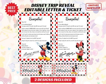 May include: Two printable designs for a Disney trip reveal. The first design features Mickey Mouse and a letter with red and black polka dots. The second design features Minnie Mouse and a ticket with red and black polka dots. Both designs include the text "You're going to Disneyland".