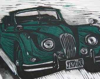 Original Limited Edition Linocut Print - 1955 Jaguar XK