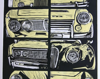 Original Limited Edition Linocut Print - vintage car montage