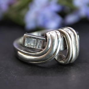 Vintage 1990s 925 Silver Knot Ring with Rectangular Clear Stones