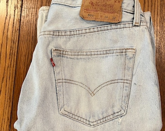 Levi Blue Jeans 1990s Vintage Size 34x32 Straight Leg Naturally Faded Frayed Stained