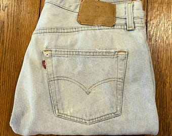 Levi Blue Jeans 1990s Vintage Size 34x32 Straight Leg Naturally Frayed Faded Stainef