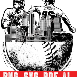 Peut inclure: Graphique noir et blanc sur le thème du baseball avec deux joueurs de baseball et une silhouette de paysage urbain. Le design comprend une balle de baseball avec des textures et le texte "PNG SVG PDF AI" dans une bannière rouge.
