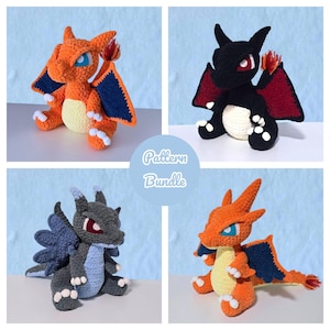 Puede incluir: Un paquete de patrones de ganchillo con cuatro figuras de dragón de peluche en diferentes variaciones de color: naranja con alas azules, negro con alas rojas, gris oscuro con alas azules y perfil del dragón naranja. El texto dice Pattern Bundle.