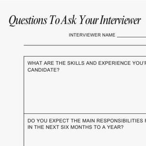 Pode incluir: Uma folha de trabalho imprimível com perguntas para fazer a um possível empregador durante uma entrevista. As perguntas incluem: Quais são as habilidades e a experiência que você procura em um candidato ideal? Você espera que as principais responsabilidades desta posição mudem nos próximos seis meses ou um ano? Existem oportunidades de ascensão ou desenvolvimento profissional? Como é um dia típico nesta função?