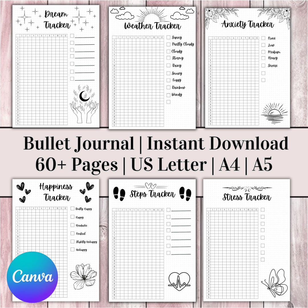 Undated Printable Bullet Journal Bundle, Premade Monthly Covers, Mood ...