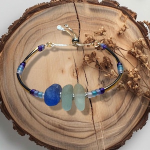 Seaglass bracelet-3 smooth frosted pieces-adjustable -summer jewellery-coastal/beach bracelet-silver plate tube beads- gift for her birthday