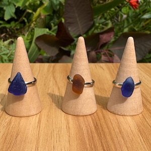 Seaglass adjustable rings- Handmade in Scotland-Amber-cobalt blue-smooth-frosted genuine seaglass-gift for her birthday- silver plated ring.