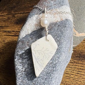 Scottish Sea Pottery Necklace: Sterling Silver, Coral Design, Pearl Accents