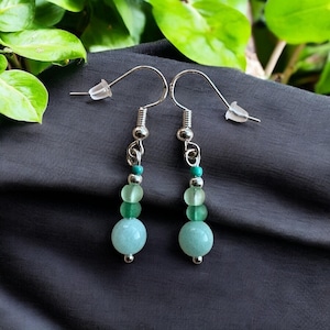 Green Glass Bead Drop Earrings: Sterling Silver Posts, Handmade