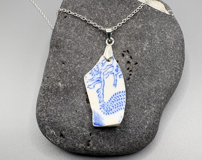 Scottish Sea Pottery Necklace| Blue & White Pendant, Sterling Silver Chain
