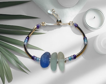 Seaglass Bracelet| three frosted pieces of sea glass, blue aqua and seafoam|Adjustable Silver Plated chain |glass  Beads, Coastal Jewellery