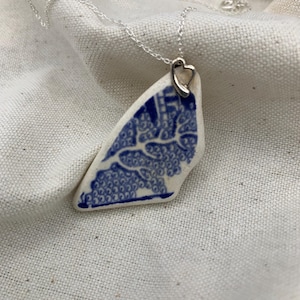 Sea pottery necklace with Sterling silver heart shaped bail - unique piece of sea pottery made into a pendant- valentine gift for her