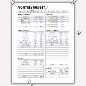 May include: A monthly budget planner with sections for income, bills, expenses, debts, and savings. The planner includes columns for budget and actual amounts for each category. The months of the year are listed across the top of the planner.