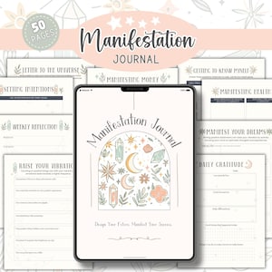 Op de afbeelding: Een digitale planner met een roze en groene omslag met een wassende maan, sterren en kristallen. De planner heeft de titel "Manifestatie Journal" en bevat pagina's voor het stellen van intenties, wekelijkse reflecties, het verhogen van je trilling, het manifesteren van geld, jezelf leren kennen, het manifesteren van gezondheid en het manifesteren van je dromen. De planner bevat ook een dagelijks dankbaarheidslogboek.