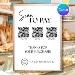 May include: A rectangular sign with a rose gold frame featuring the black text Scan TO PAY, three QR codes labeled PAYPAL, GPAY, and VENMO, the text THANKS FOR YOUR PURCHASE, a circular logo placeholder, and the text YOUR BUSINESS NAME.