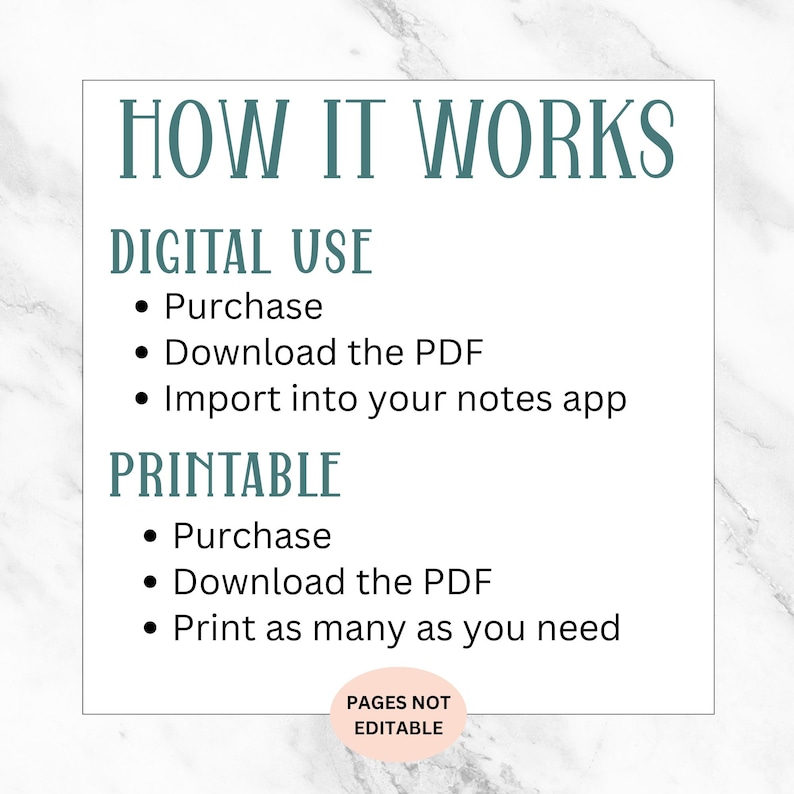 May include: A white rectangular graphic with teal text and bullet points detailing digital and printable use instructions. The text reads "HOW IT WORKS," followed by steps for digital and printable use, and "PAGES NOT EDITABLE."