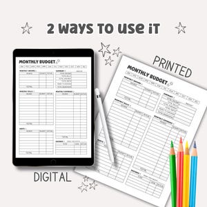 May include: A printable monthly budget planner with sections for income, bills, expenses, debts, and savings. The planner is shown on a tablet and as a printed document. The text "MONTHLY BUDGET" is at the top of the planner.