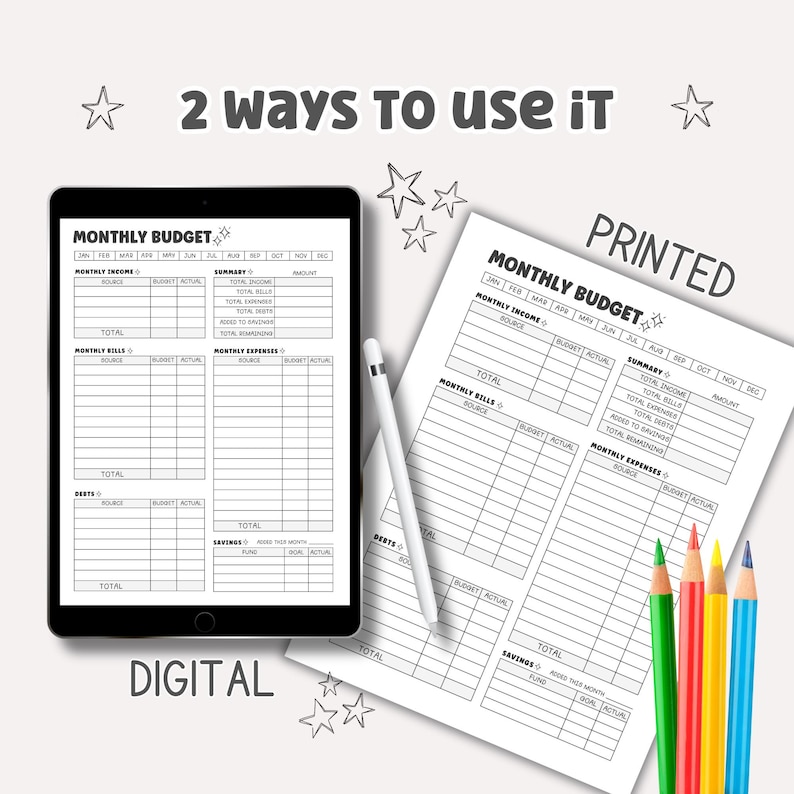 May include: A printable monthly budget planner with sections for income, bills, expenses, debts, and savings. The planner is shown on a tablet and as a printed document. The text "MONTHLY BUDGET" is at the top of the planner.