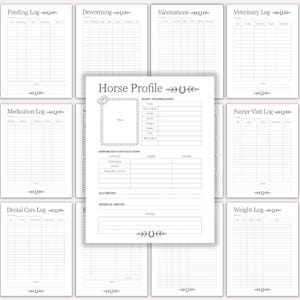 Può includere: Una raccolta di schede di registrazione per cavalli stampabili su sfondo bianco con testo nero e icone a ferro di cavallo. La pagina centrale è un profilo del cavallo con sezioni per informazioni di base, contatti, allergie e salute.