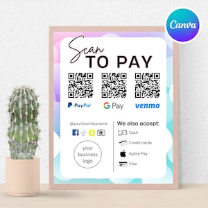 Può includere: Un cartello rettangolare in una cornice di legno chiaro con il testo Scan TO PAY, tre codici QR per PayPal, G Pay e Venmo, icone dei social media, uno spazio per il logo aziendale e un elenco di metodi di pagamento accettati come contanti e carte.