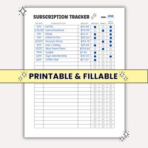 Printable Subscription Tracker for Budget Planner | Bullet Journal Monthly Budget Fillable PDF Digital Spending Expense Log