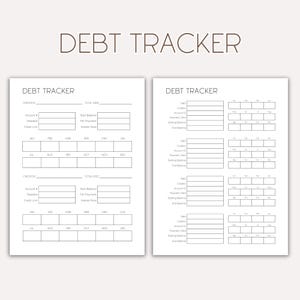 以下が含まれることがあります： 「DEBT TRACKER」の文字が上部に書かれた、2枚の白い印刷可能な借金追跡シート。シートには、債権者情報、口座の詳細、月ごとの追跡のためのセクションがあります。デザインはミニマリストです。